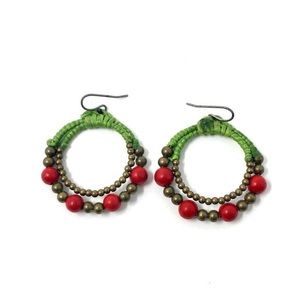 Handmade Thai Red and Brass Bead Green Crocheted Double Hoop Earrings